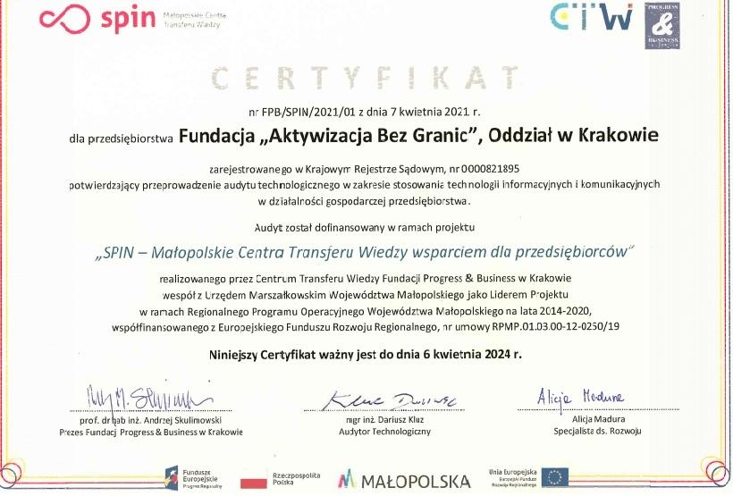 Certyfikat Audytu  Technologicznego dla Fundacji Aktywizacja bez granic
